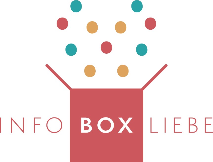 Das Logo der Infobox Liebe ist zu sehen. Man erkennt eine oben geöffnete rote Box, aus der buntes Konfetti fliegt. Das Konfetti ist herzförmig angeordnet.