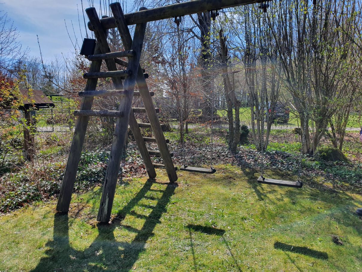 Auf dem Foto sind 2 Schaukeln auf einer Wiese zu sehen. Das Holzgestell ist marode, die Leiter auf der linken Seite hat im unteren Bereich keine Sprossen mehr. Im Hintergrund befinden sich Bäume.