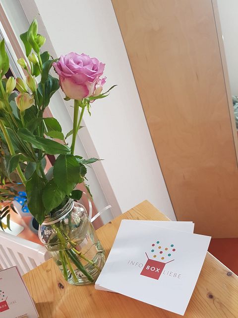 Ein lila Rose steht in einer Vase auf einem Holztisch. Daneben liegt eine weiße Karte mit der Aufschrift "INFO BOX LIEBE". Im Hintergrund ist ein Teil eines Holzschranks und eine Wand zu sehen.